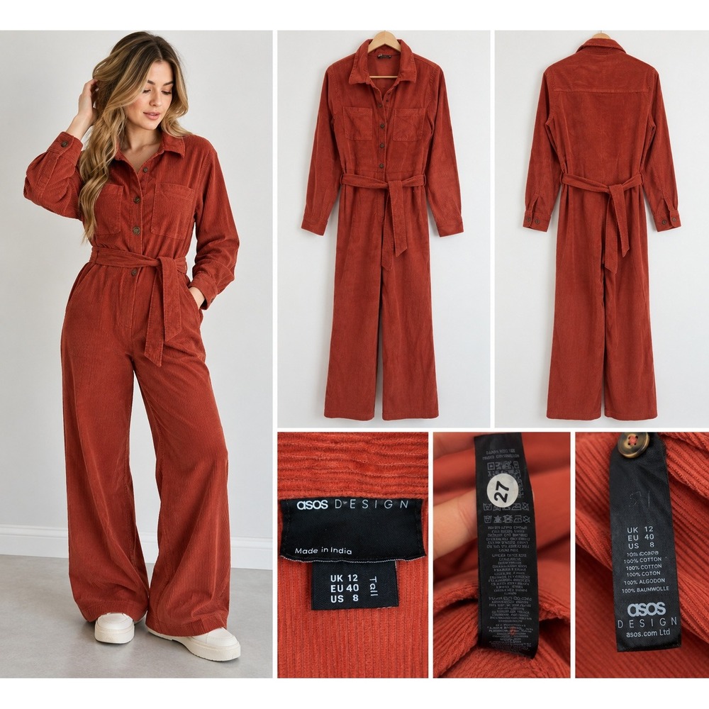 ASOS Design Tall Corduroy Boilersuit US 8 Rust Orange Belted Jumpsuit Utility